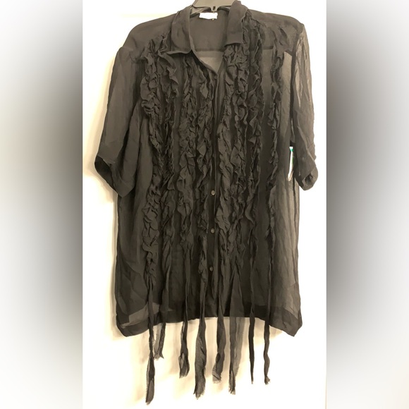 Dries Van Noten Clasan Ruffle Front Viscose Chiffon Shirt Black size US 10 FR42 - Picture 5 of 14